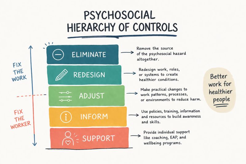 Psychosocial hierarchy of controls: eliminate the hazard, redesign work, adjust work conditions, inform through policies and training, and provide individual support such as EAP.